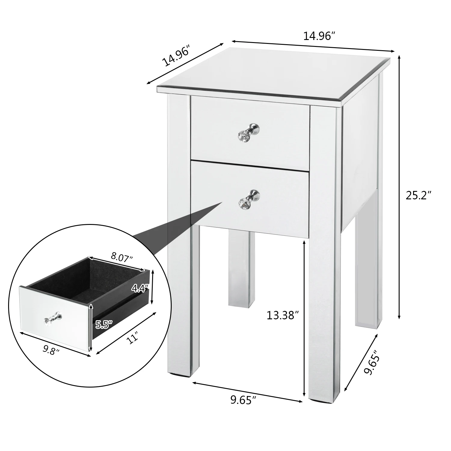 Modern and Contemporary Mirrored 2-Drawers Nightstand Bedside Table Silver
