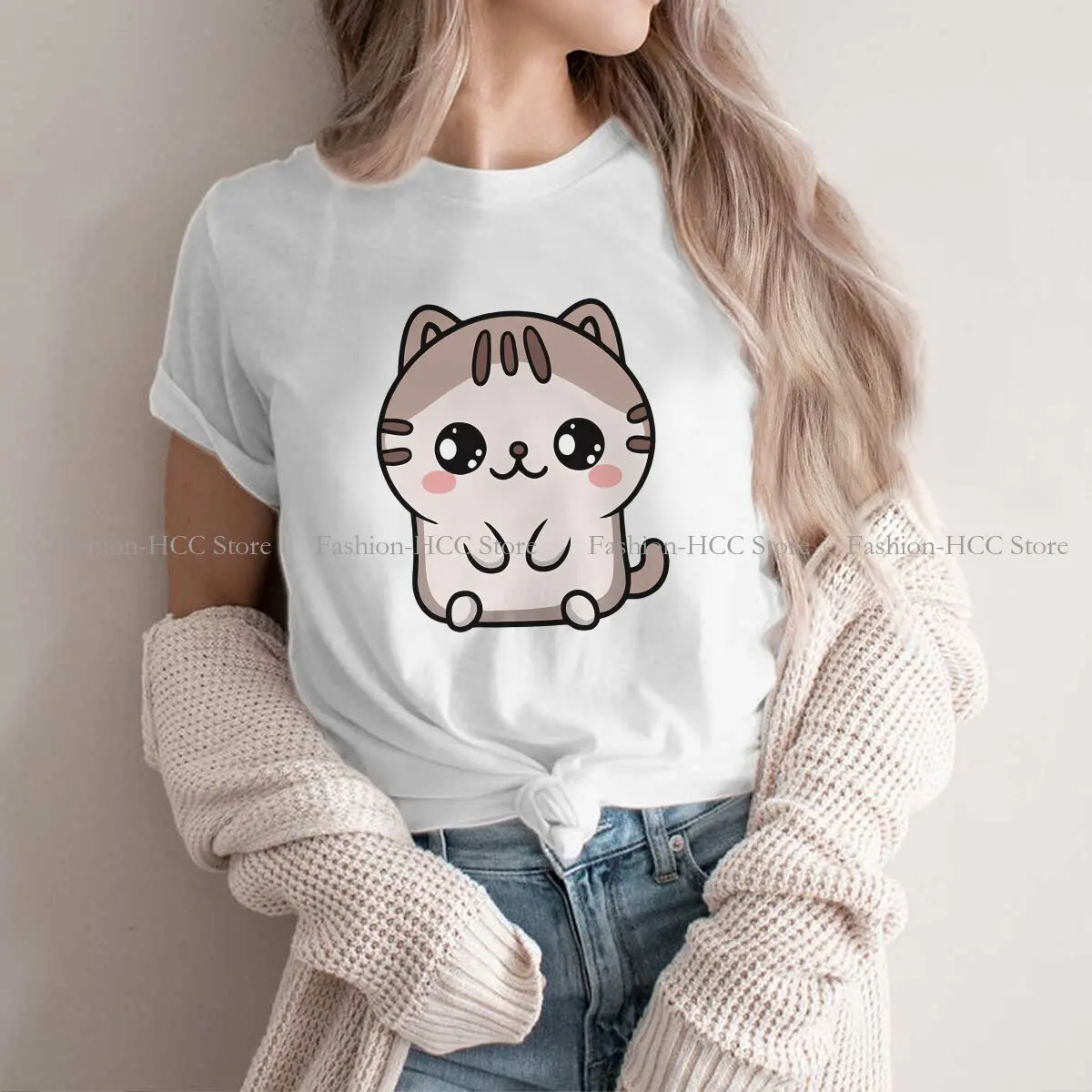 

CUTE O Neck TShirt Cute Cat Animals Classic Polyester T Shirt Woman's Clothes New Design