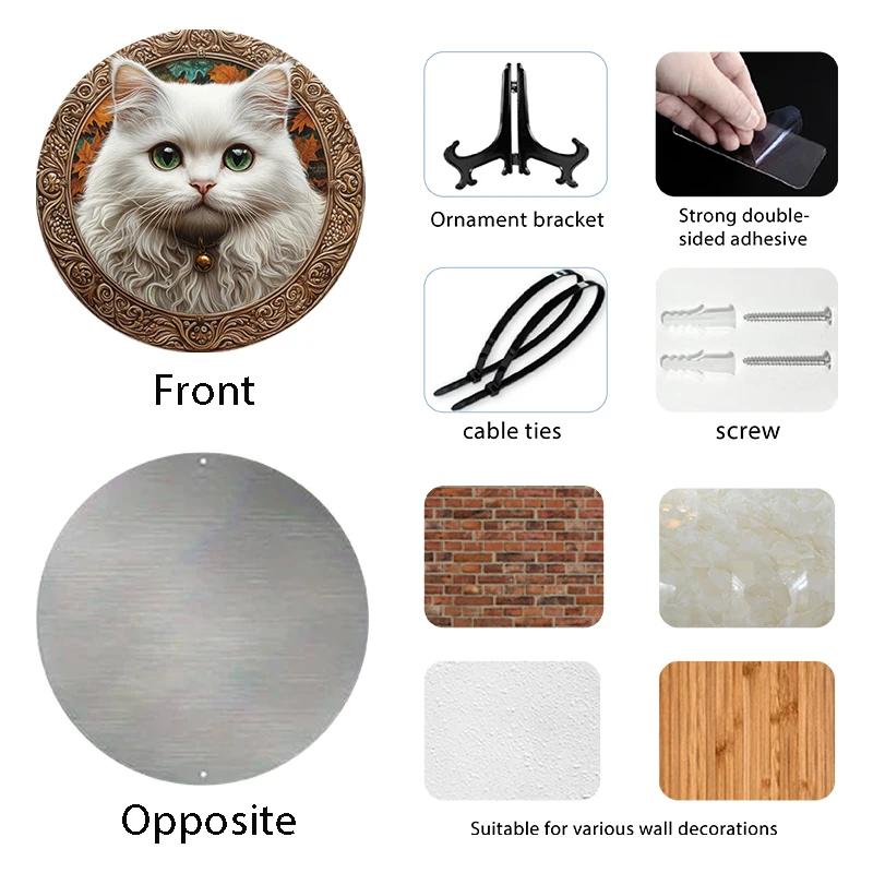 Ornamentos para animais de estimação de gato Angora - Pinturas decorativas circulares de alumínio à prova d'água |   Lápides de lembrança de animais de estimação personalizados