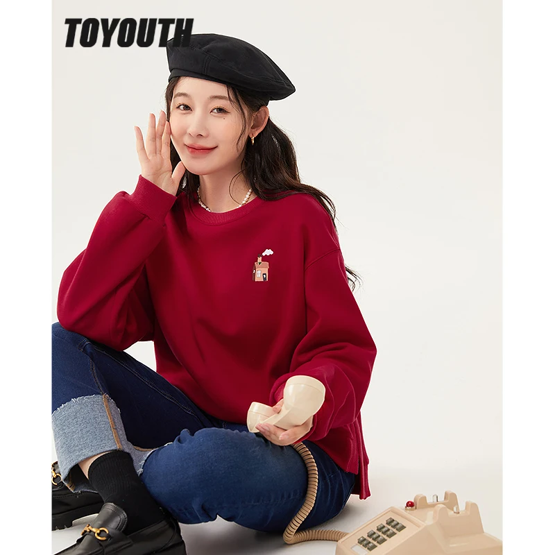 Toyouth Women Sweatshirt 2022 Winter Long Sleeve O Neck Loose Hoodie Irregular Slit Hem Warm Casual Basic Streetwear Pullover