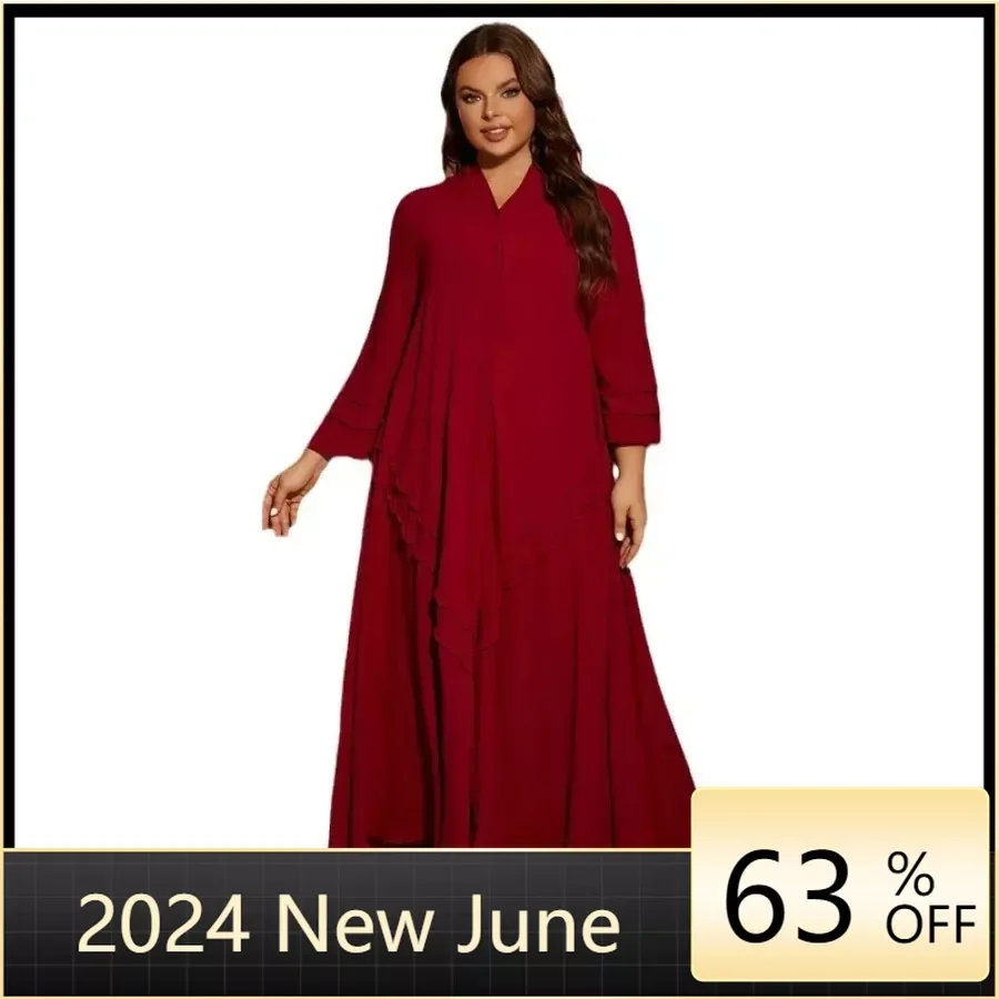 

With Hijab Muslim Dress Women Summer Elegant Mulsim Long Sleeve V-neck Kaftan Long Maxi Dress Abayas for Women Abaya Dubai