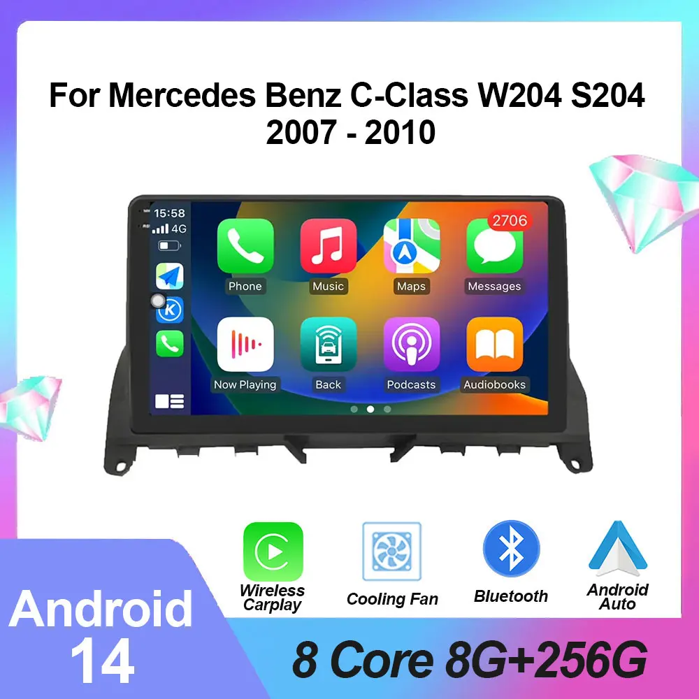 

Car radio multimedia Video player For Mercedes Benz C-Class W204 S204 2007 - 2010 Android 14 Carplay GPS Stereo 2din Screen