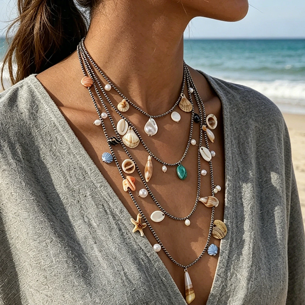2026 New ZAAA Multi-layer Design Beaded Shell Conch Waterfall Necklace for Women Fashion Holiday Party Gifts