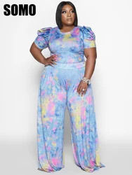 SOMO Plus Size Summer Printing Two Piece Set Women Short Sleeve T Shirt Wide Leg Pants Two Piece Suit Wholesale Dropshipping