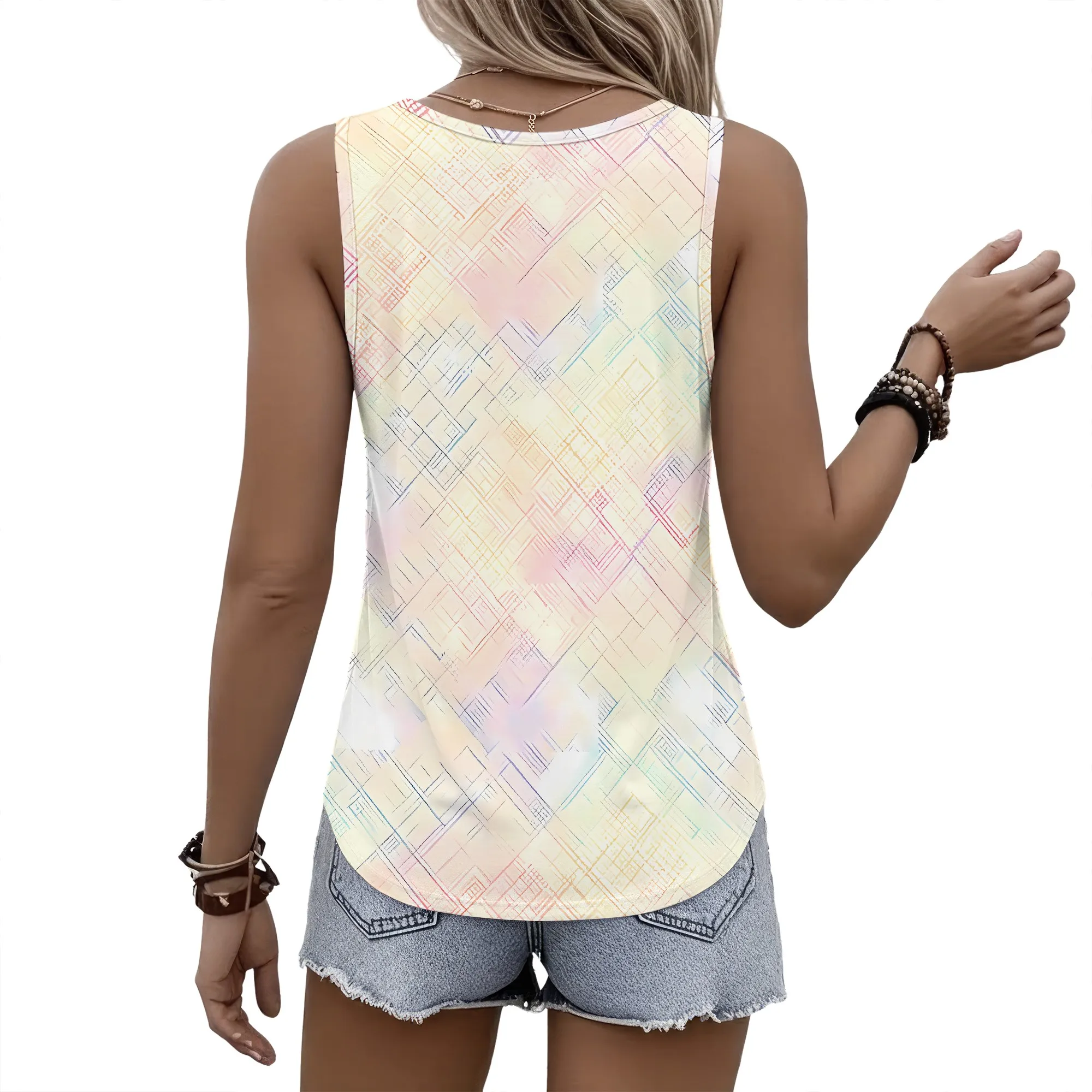 Pastel Geometric Print Tank Top, Abstract Line Art Sleeveless Shirt, Soft Summer Blouse for Women, Casual Beach Wear, S-2XL