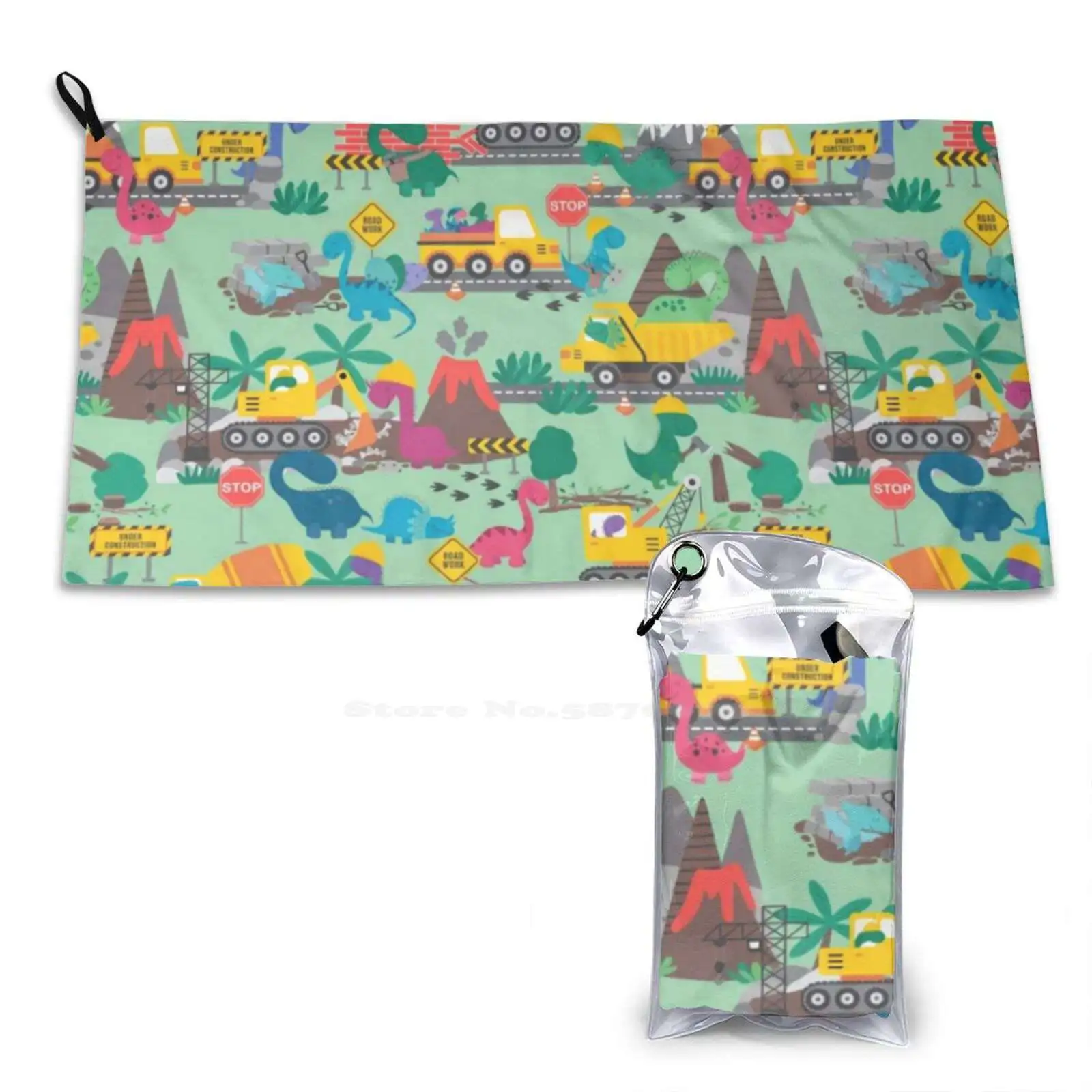 Dino Construction Dinosaurs At Work Pattern Soft Towel Quick Dry Beach Towel Kids Transportation Roads Volcano Road Work