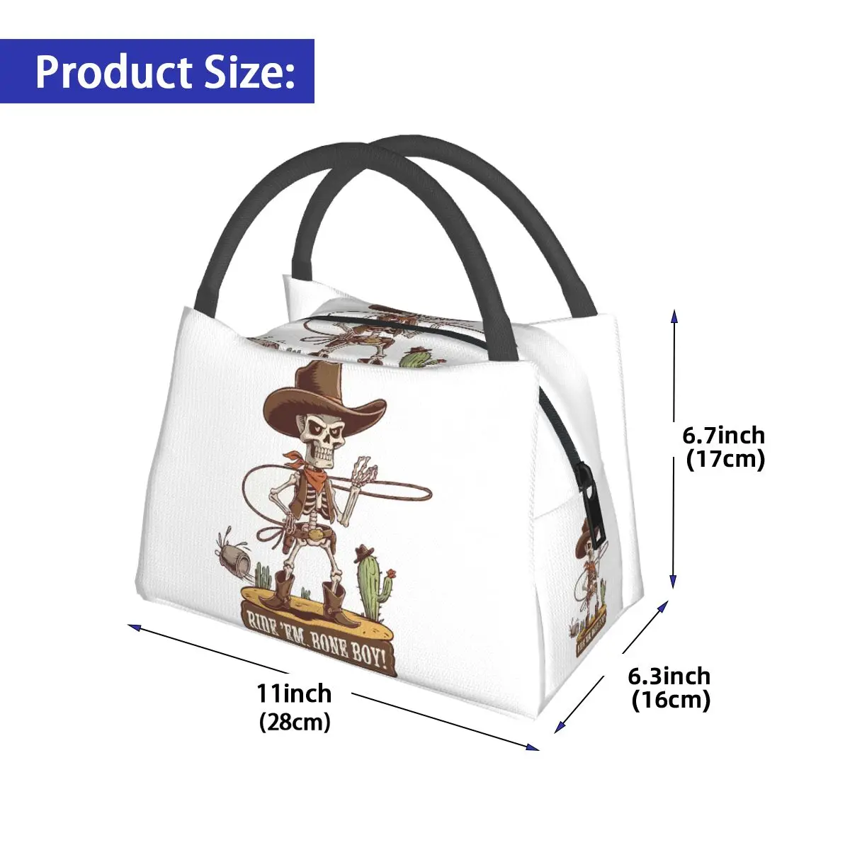 Western Cowboy Skeleton Halloween Cowpoke Insulated Lunch Bag for School Bento Storage Food Boxes Portable Thermal Lunch Box