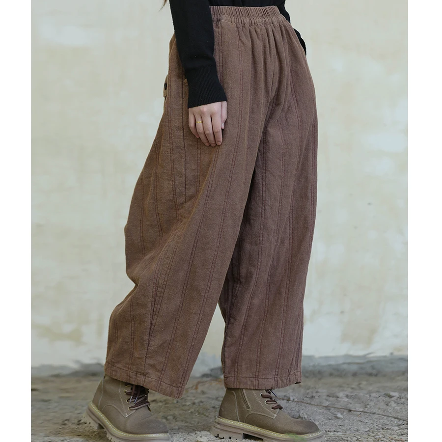 LZJN Loose Artistic Autumn Winter Cotton Linen Pants Retro Daily Versatile Solid Color Elastic Waist Distressed Lantern Pants