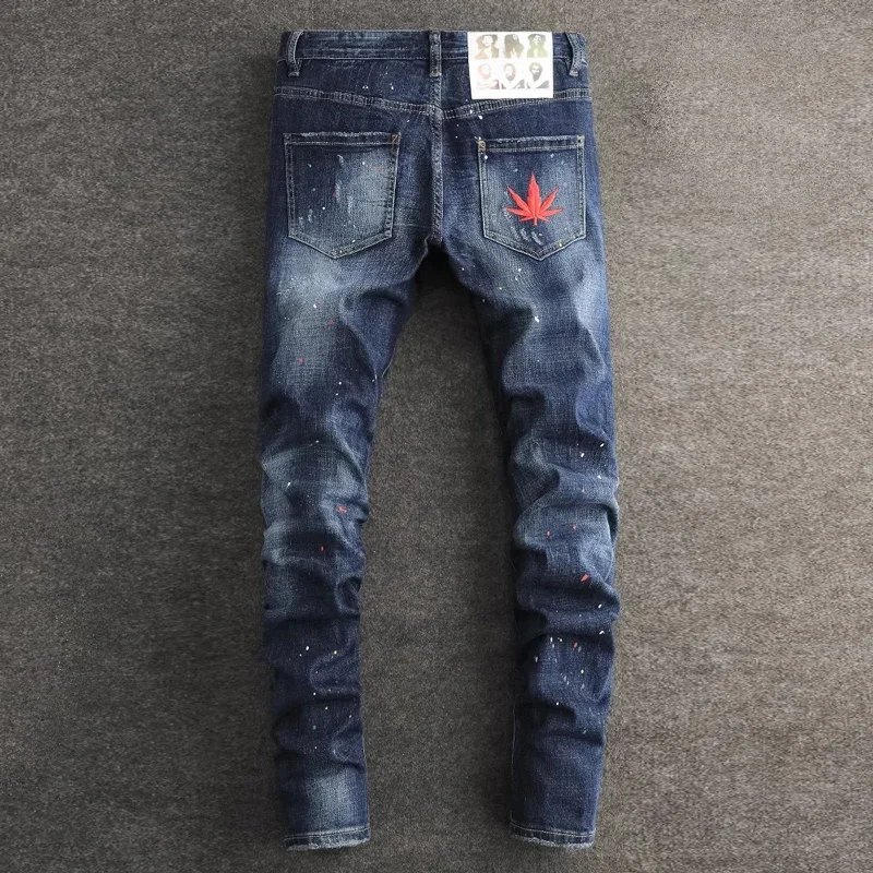 Street Fashion Men Jeans High Quality Retro Blue Stretch Slim Fit Ripped Jeans Men Embroidery Designer Hip Hop Brand Pants Homme