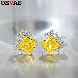 OEVAS 10x10mm 11 Carats Square Yellow 5A Zircon Flower Stud earrings for women S925 Sterling Silver Wedding party Bride jewelry