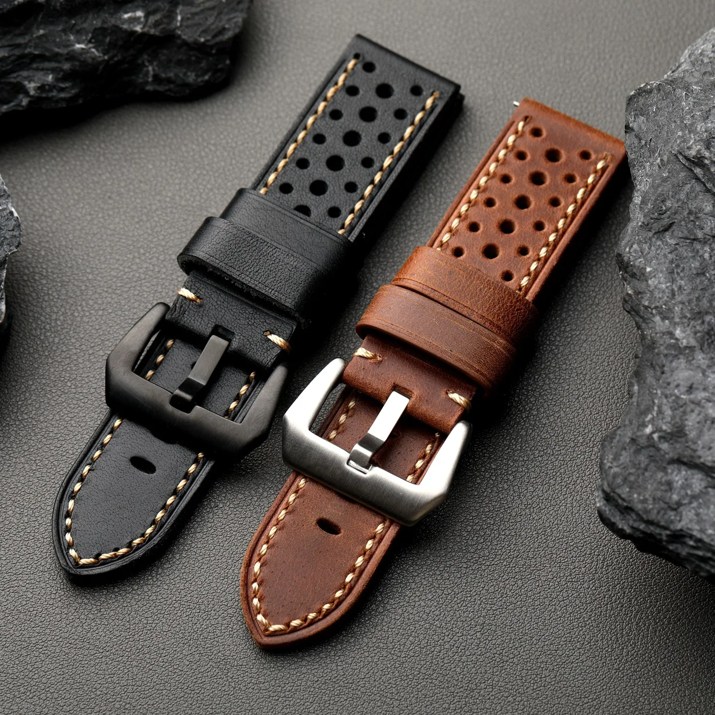 Handgefertigtes, atmungsaktives, perforiertes Lederarmband, 20 mm, 22 mm, 24 mm, 26 mm, Retro-Stil, dick, braun, schwarz, weiches Herrenarmband