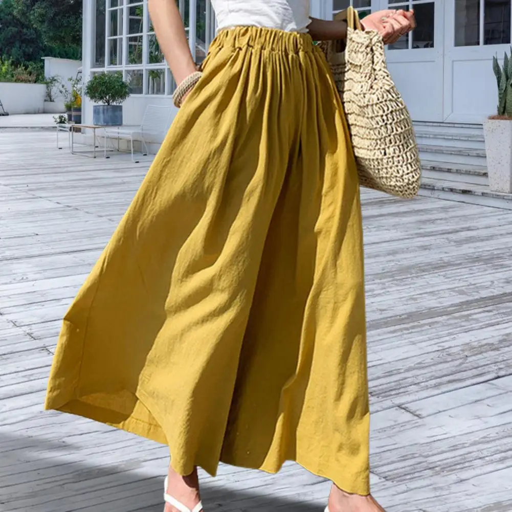 Summer Women's Fashion Solid Color Linen Wide-leg Pants Skirts Harajuku Baggy Trousers Casual Pants