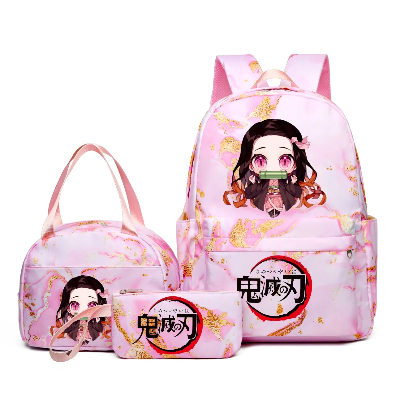 Mochila Demon Slayer Nezuko kamado, 3 uds., capacidad degradada, Mochilas escolares para ordenador portátil y adolescentes con bolsas para el almuerzo, Mochilas informales de viaje