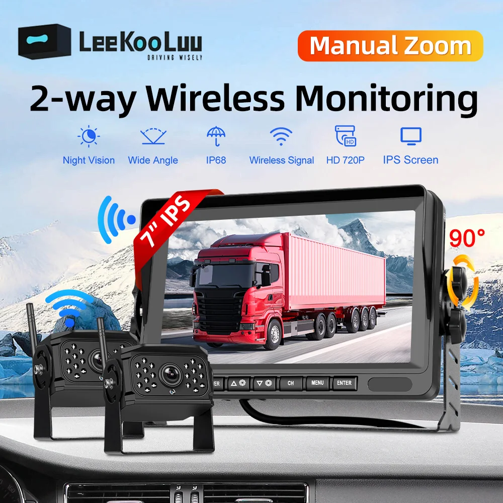 LeeKooLuu 7-inch IPS HD Display Monitor Wireless Car Reverse Camera Universal With 2 Recording Video Function 1080P Rear Cameras