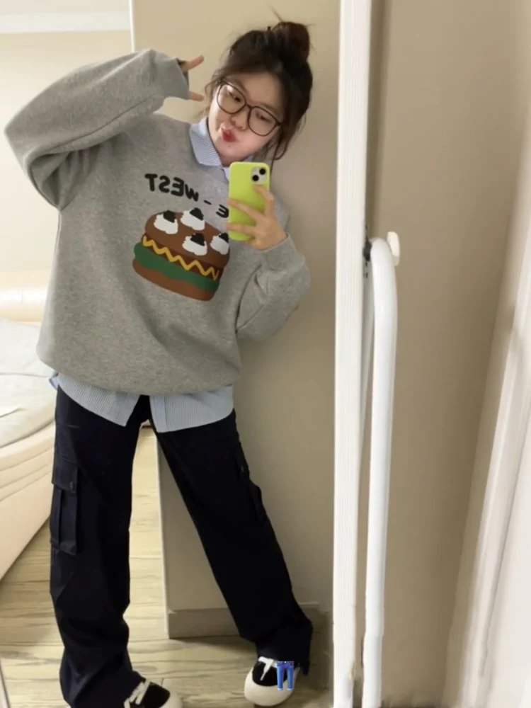 فضفاض جولة Ne هوديي المرأة ربيع الخريف كعكة برغر الكرتون البلوز مريحة كسول Sle ملابس خارجية عارضة الشارع الشهير #3