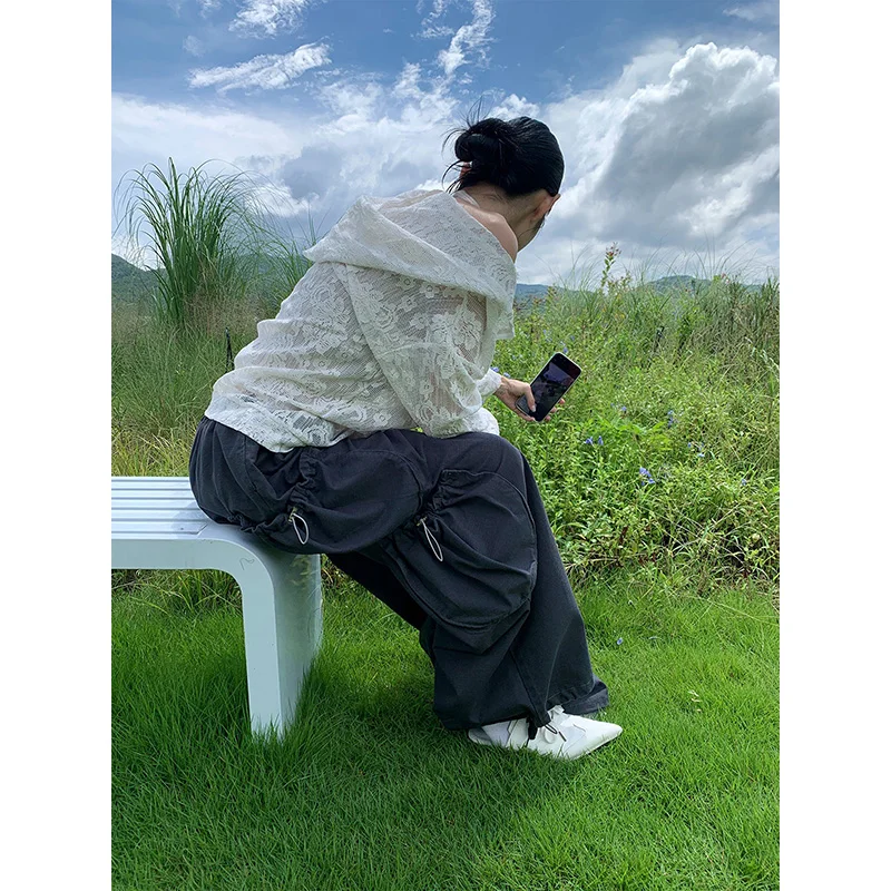 Benuynffy Streetwear Retro Multi-pocket Drawstring Cargo Pants Women 2026 Autumn New Korean Fashion 2000s Loose Wide Leg Pants