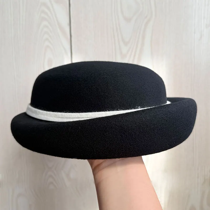 النمط البريطاني الصوف الأسود الرجعية أزياء المرأة فيدورا قبعة الفرنسية أنيقة القبعات مصمم الشتاء الكلاسيكية أعلى قبعة حزب روسيا كاب #3