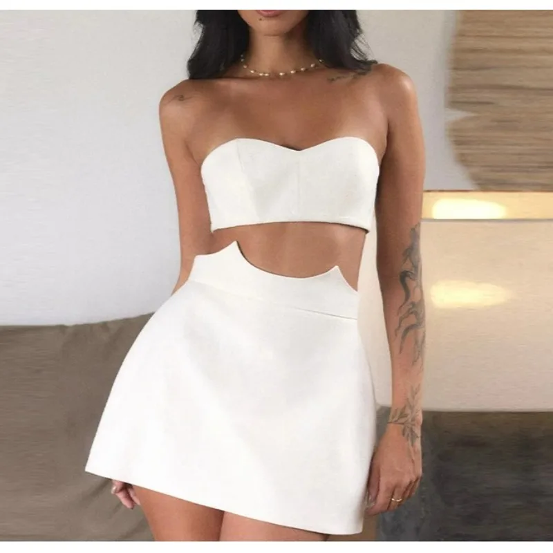 

Luxury Elegant Sexy Unique Crop Linen Outfits Women's Hollow Short Vest A Line Skirt 2026 High End Strapless Modest 2 Piece Set