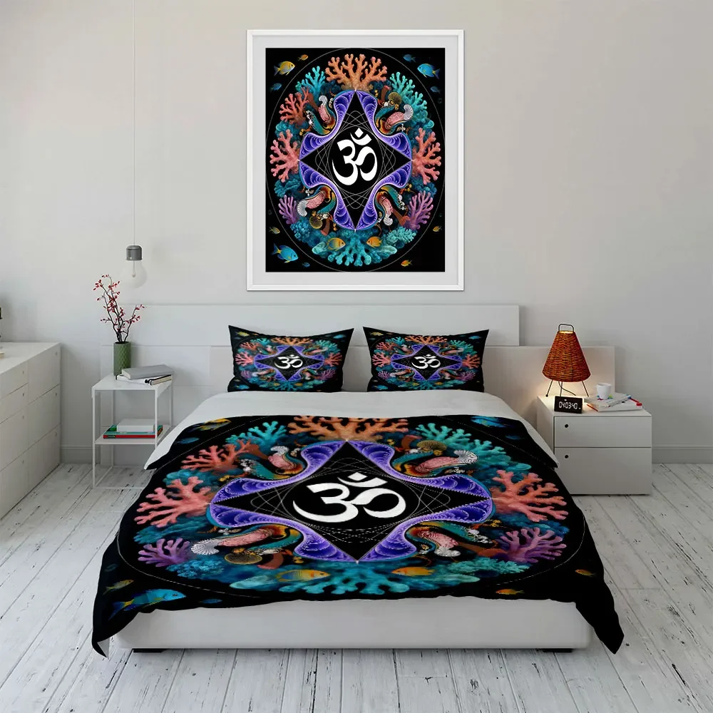 Om Symbol Coral Design Set Soft Comfortable Duvet Cover Bedding Set Included 1*Duvet Cover & 2*Pillowcases, gift
