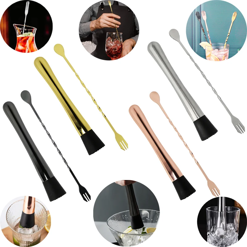 2Pcs Black/Rose Gold/Silver 10 Inch Stainless Steel Cocktail Muddler Mixing Spoon Bar Tool Set Delicious Fruit Based Drinks