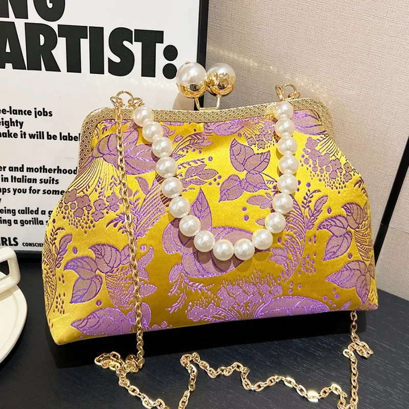 Vintage Women Silk Fabric Chain Shoulder Bags Chinese Style Handbags Wedding Party Shell Clip Purple Crossbody Bag Messenger Bag