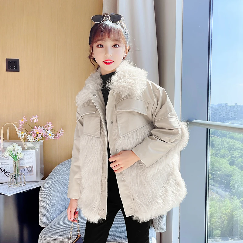 

Winter Fox Fur Children's Coat 2022 New Luxury Design Wide Wool Collar Girls' Jacket Spring Autumn Long Sleeve Boys' Coat Cheap