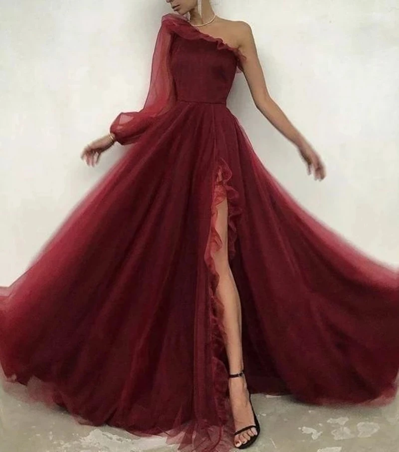 

On Zhu Burgundy One Sleeves Long Party Evening Dresses 2023 Sexy Side Split Vestidos De Festa Women Prom Pageant Gowns