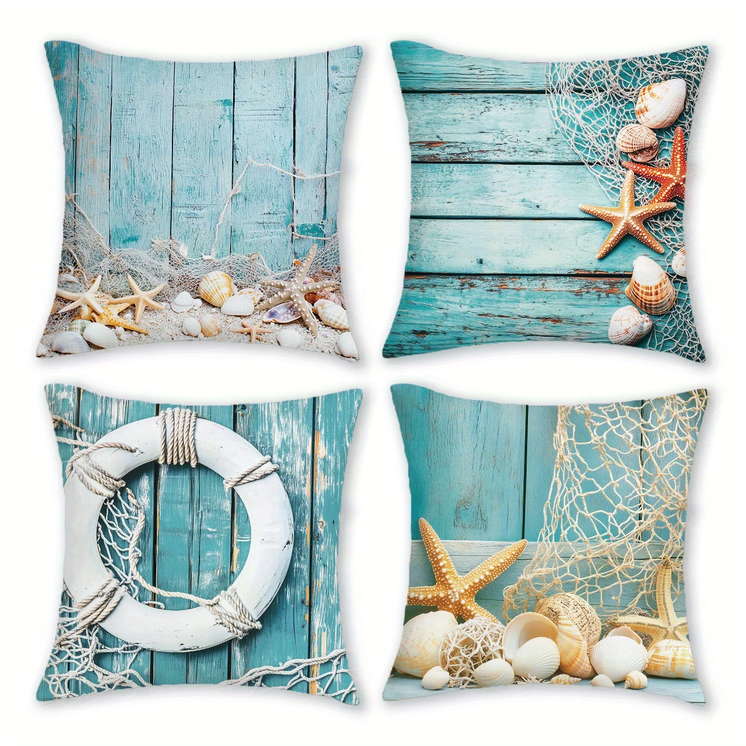 4pcs Coastal Starfish & Shell Throw Pillow Covers, 18x18 Inch, Soft Short Plush with Fishnet Design, Zipper Closure - Ideal for
