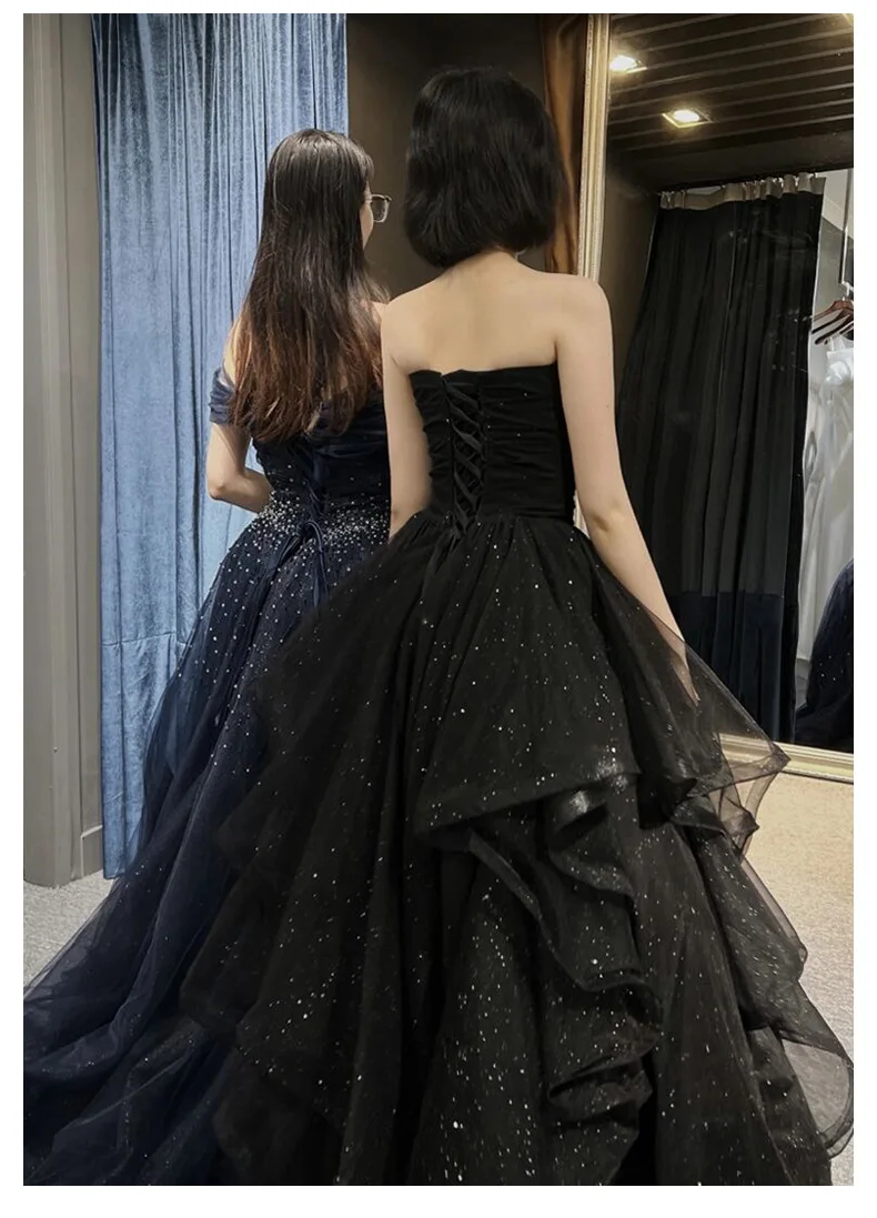 Temperament Black Elegant Wedding Party Dresses Strapless Tiered Draped Graduate Robe 2025 New Ball Gown Formal Dress Quinceaner