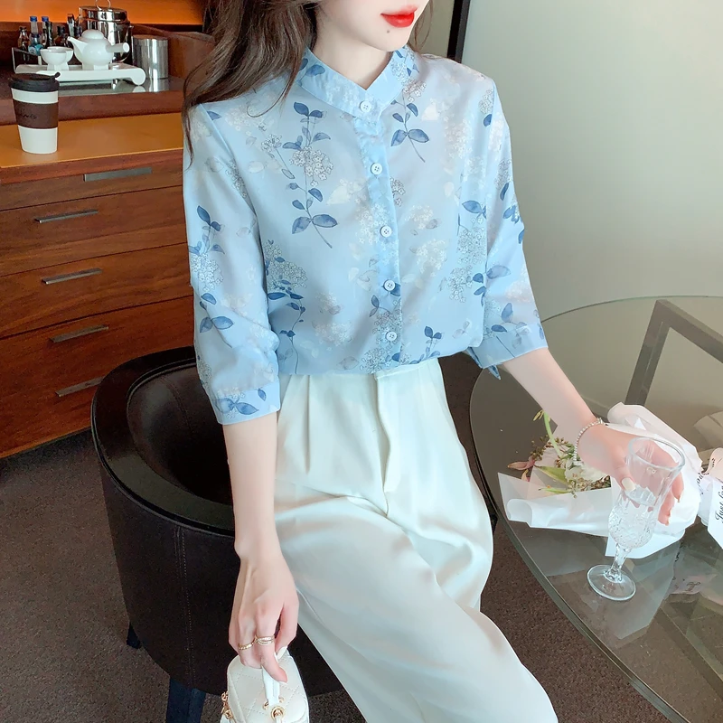 2024 Summer New Women's Stand Collar Ramie Blouse Tops Fashion Cotton Linen Shirt