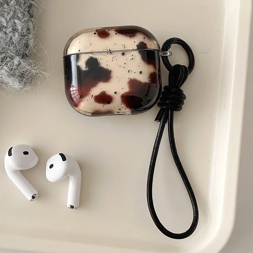 Cute Black Agate Dizzying Dirty Spot Case For AirPods 1 2 3 Pro 2 4 ANC Pro2 Earphone Protective Cover with Keyring Leather Rope