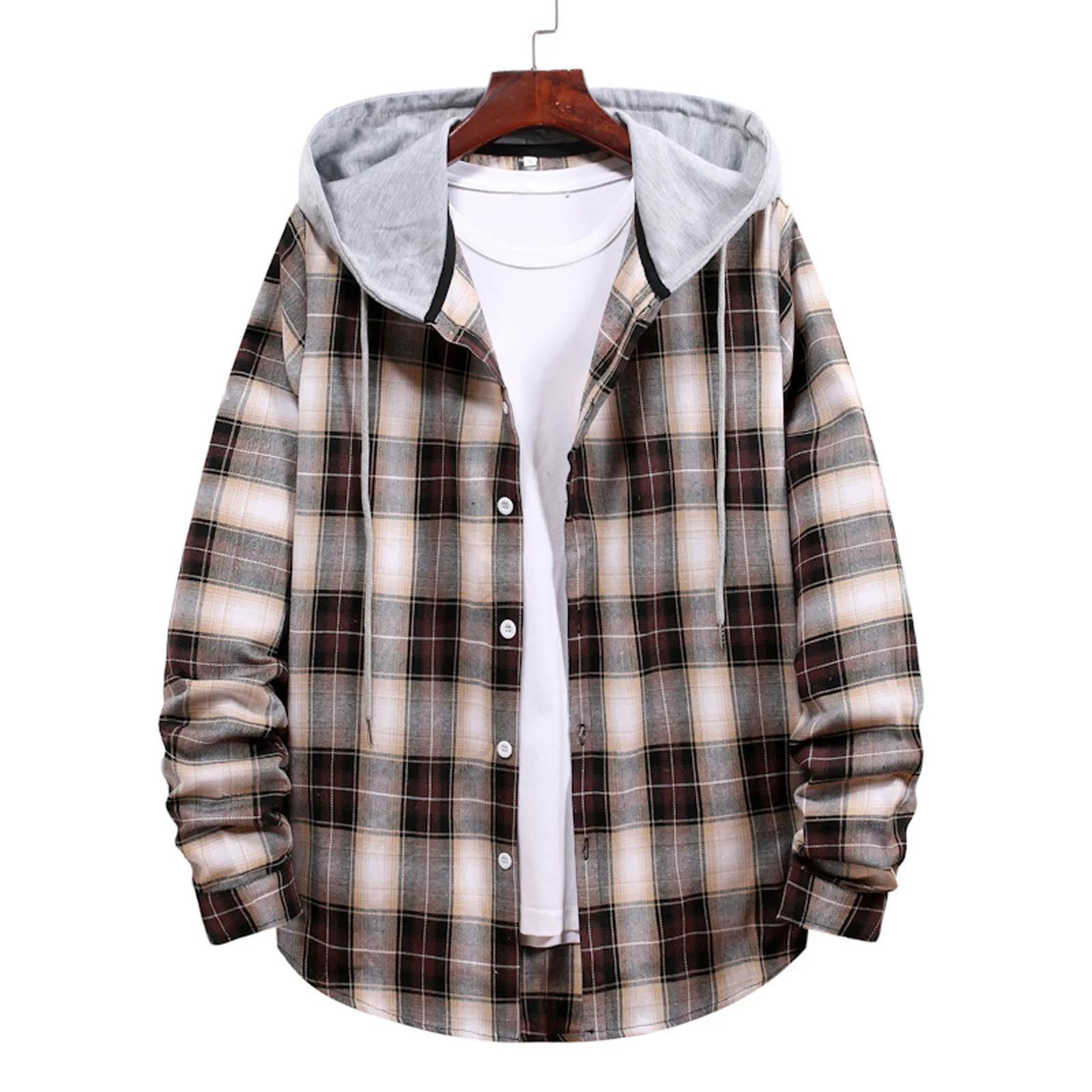 Vintage Men's Hoodies Shirts Jackets Spring Autumn Fashion Plaid Print Long Sleeve Fake 2 Piece Outwears Streetwear Ropa Hombre