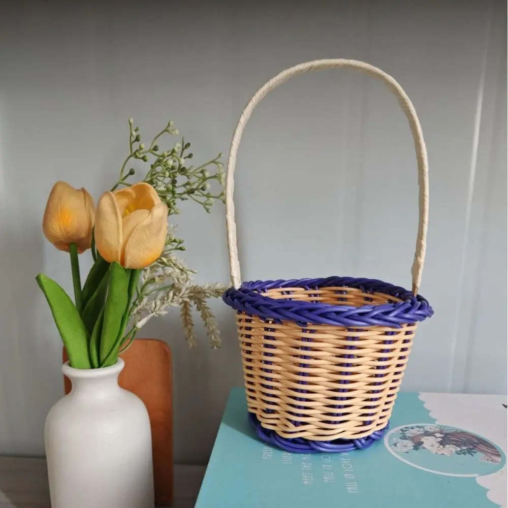 with Handle Imitation Rattan Handhold Handwoven Multistyles Braid Storage Baskets Household Vegetable Fruit Flowers Holder