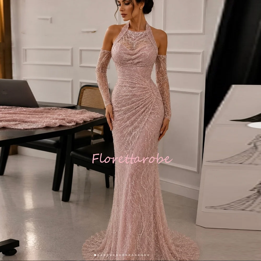 

Exquisite Pink Beads Mermaid Evening Dress Customized Halter Long Sleeves Sequined Sweep Train Arabian Prom Gown