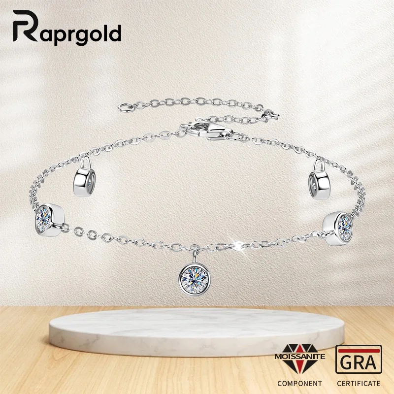 

RAPRGOLD GRA сертифицированный 4 мм муассанит круглый браслет-подвеска для женщин S925 браслеты из стерлингового серебра цепочка свадебные украшения подарки