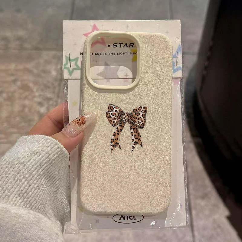 Stylish Leopard Print Bowknot Design Soft Phone Case For iPhone17 Pro Max 17Air 16 15 14 Pro 13 12 11 XR XS Lychee Pattern Cover - view 3