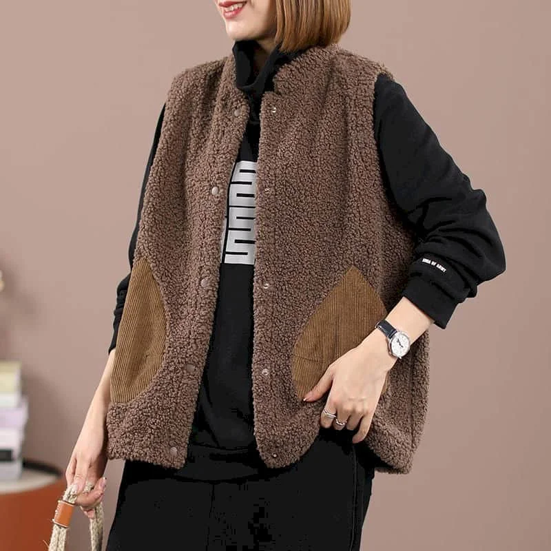 

Fleece Waistcoats for Women Plush Vests O-neck Casual Sleeveless Cardigans Oversized Single Breasted Jackets Loose Women Tops