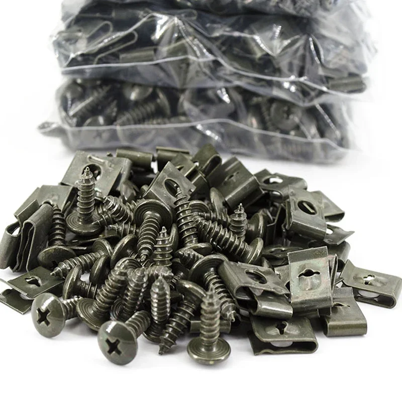 100-200pcs Mixed Car Motorcycles Metal Screw Tapping Fastener Clip U-Type Clip with Screw Anti-rust Protection Clip Screw Buckle