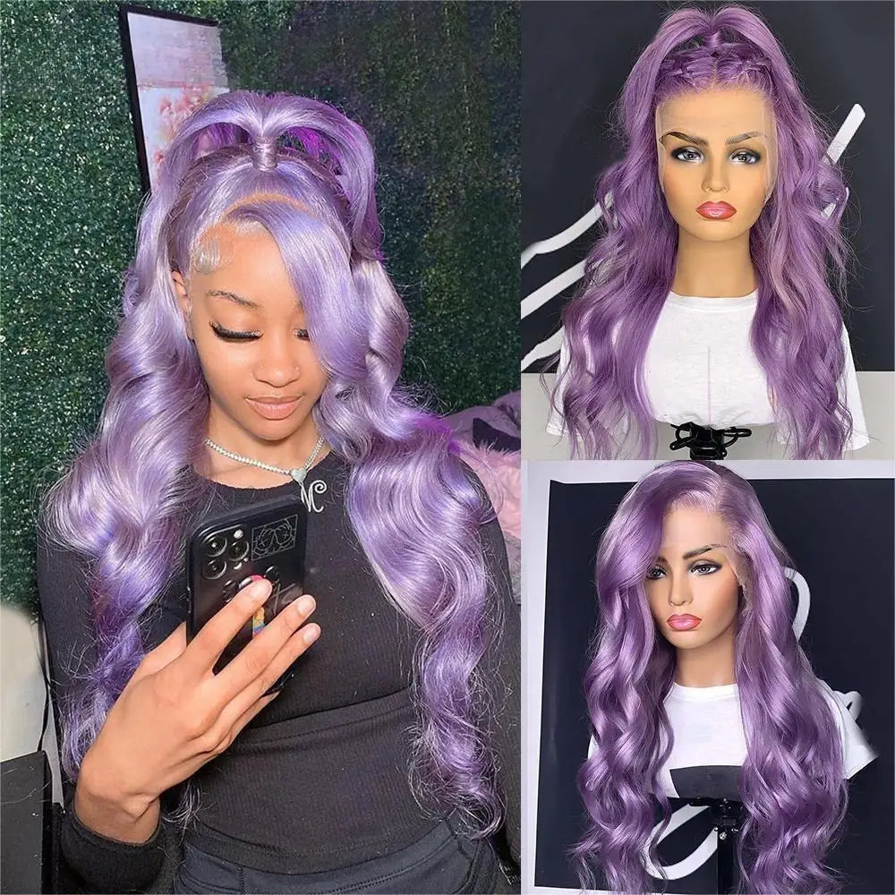 Brasilianische farbige Echthaarperücke, hochwertige 13x4 lila Body Wave Transparent Lace Frontal Perücken für Damen, sofort tragbar.