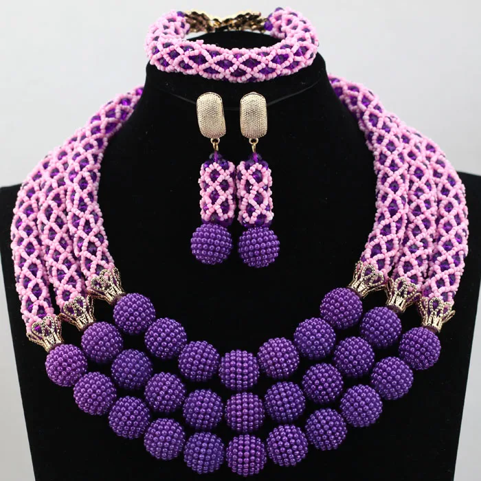 

Wholelsale Nigerian Wedding Beads Bridal Jewelry Set Statement Necklace Purple Crystal African Jewelry Sets ABL177