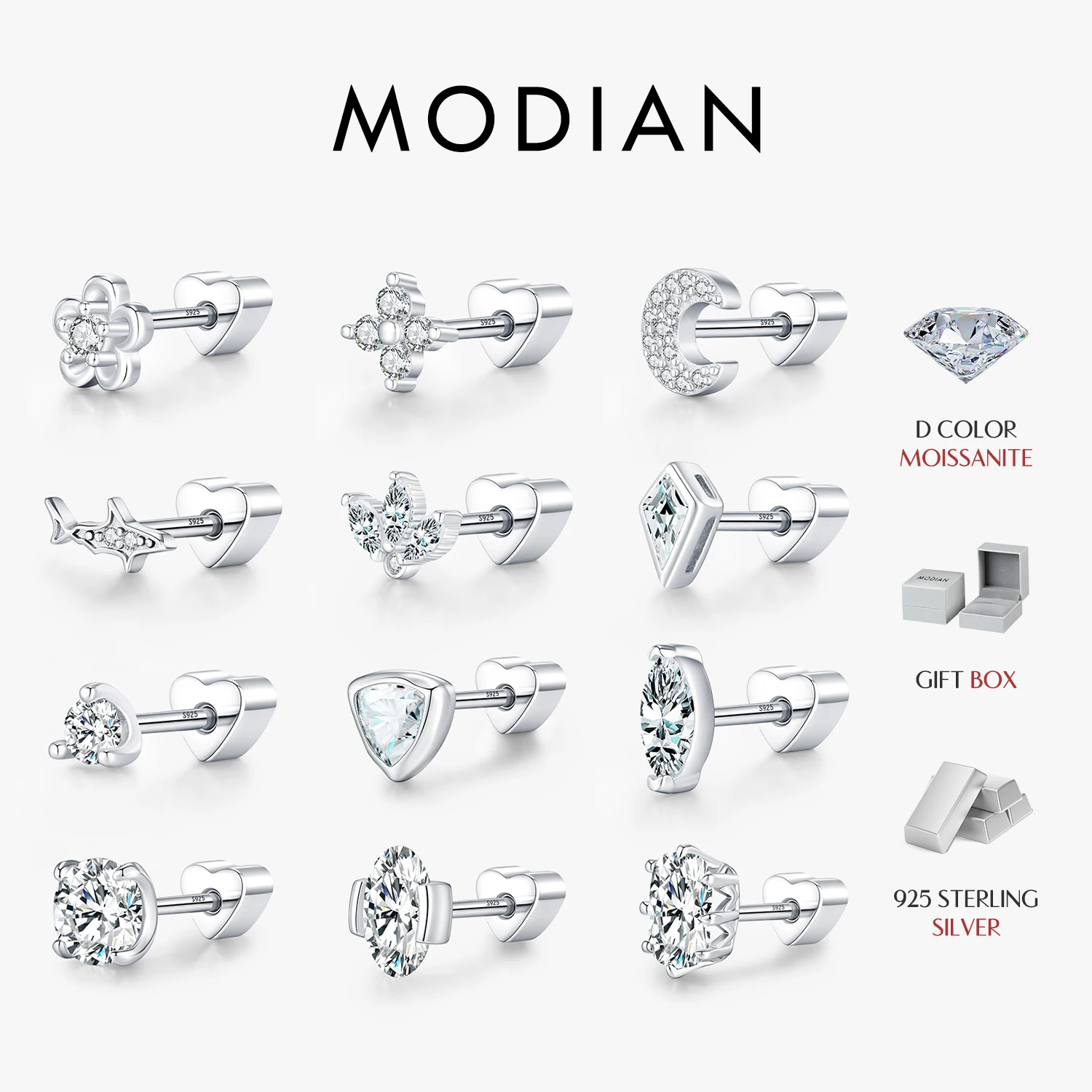 MODIAN 1PC D Moissanite Cartilage Stud 925 Sterling Stackable Multi Shape Screw Stud Earrings For Women Vacation Jewelry
