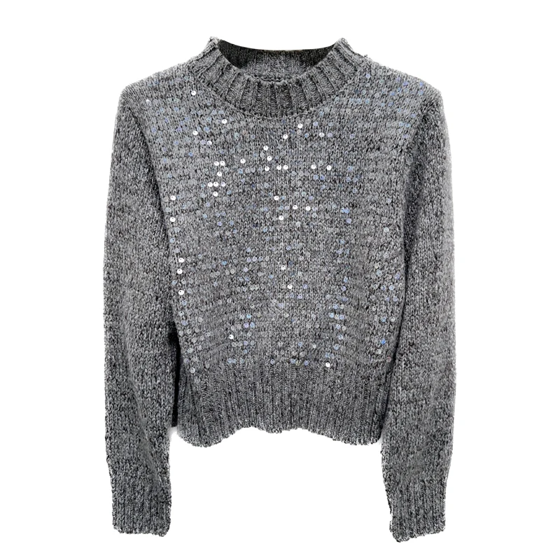 2024 autumn and winter French sequin knitted sweater top for women, new round neck niche super good-looking short sweater