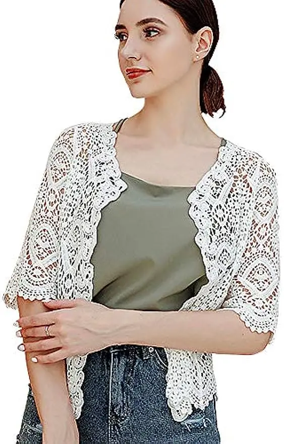 Women's Lace Cardigan Floral Crochet Sheer Beach Cover Ups Long Kimono with Half Sleeves