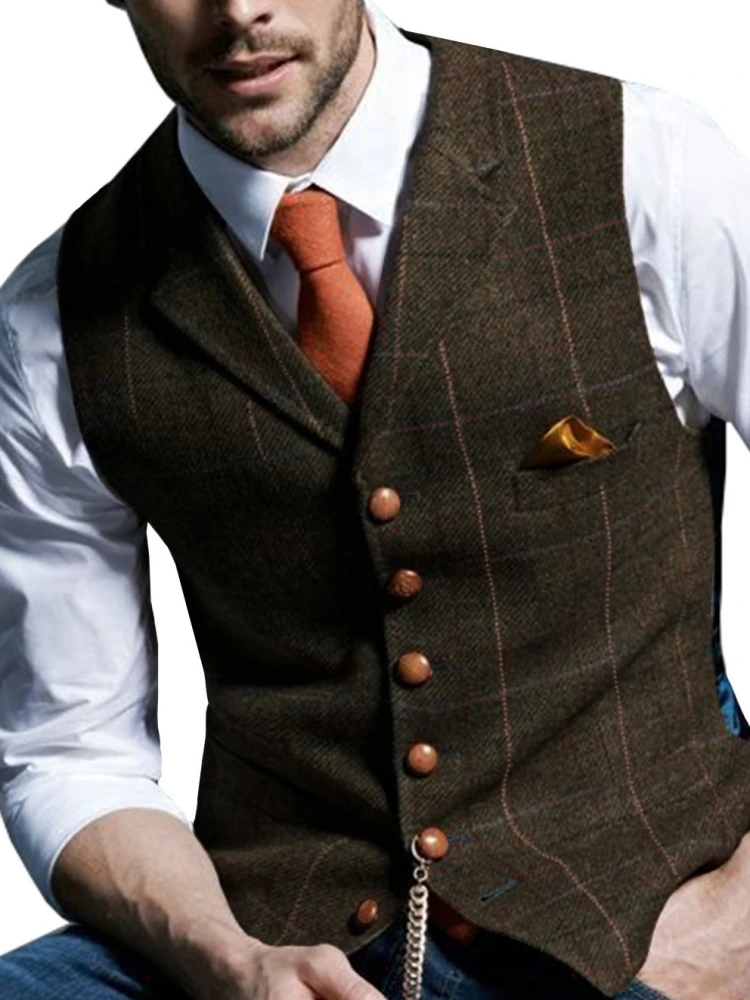 

Men Suit Vest Coffee Checkered Lapel Blend Elegant Formal Sleeveless V-neck Button Slim Fit Herringbone Waistcoat Vest Men