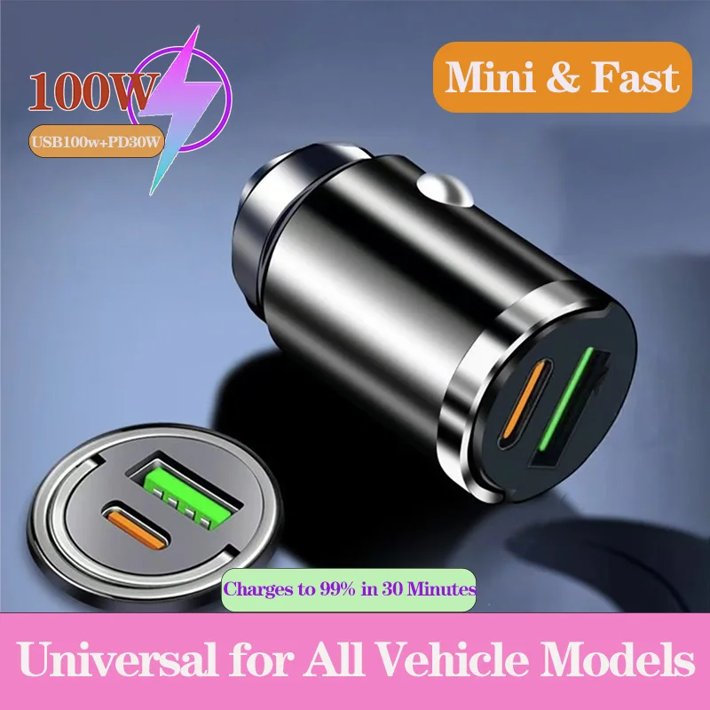 

100W 5A Invisible Mini Car Charger 2 Ports Car Charger Fast Charging PD/QC3.0 Car Cigarette Lighter Flash Charge Alloy Material