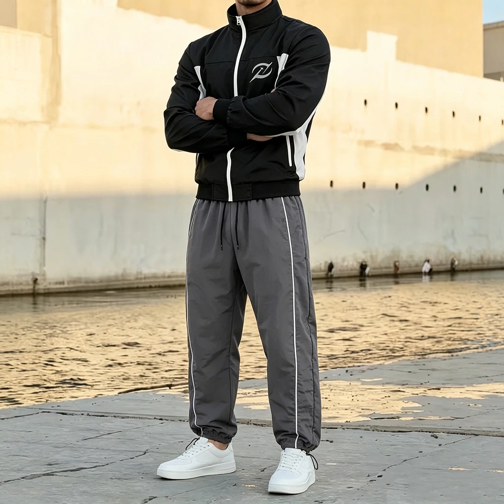 

Men's Casual Color Block Track Suit Curved Geometric Print Stand Collar Zip Jacket Striped Drawstring Sweatpants 2 Pieces