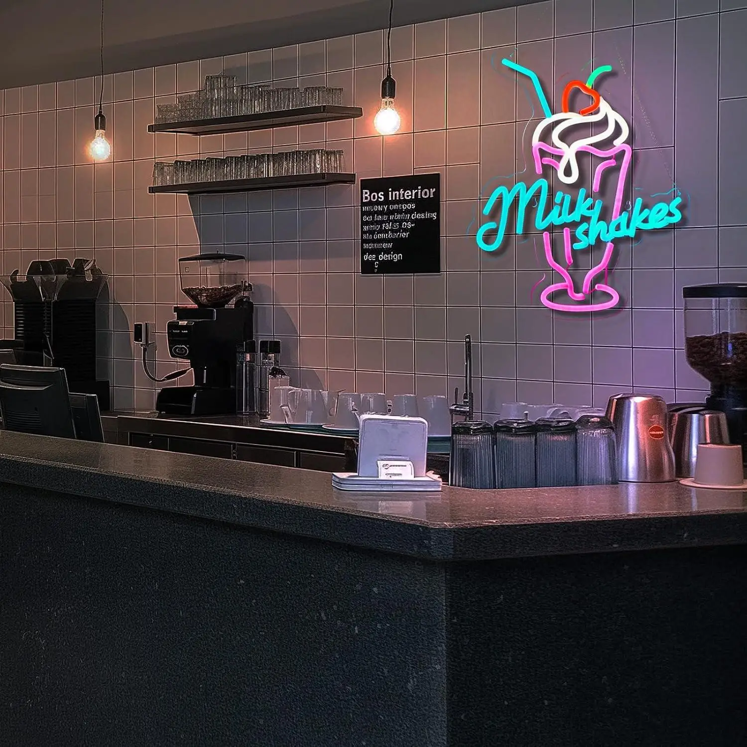 Milk Shakes Neon Sign USB Dimmable LED Neon Light for Cafe Dessert Shop Milk Tea Store Food Themed Neon Wall Art Decoration