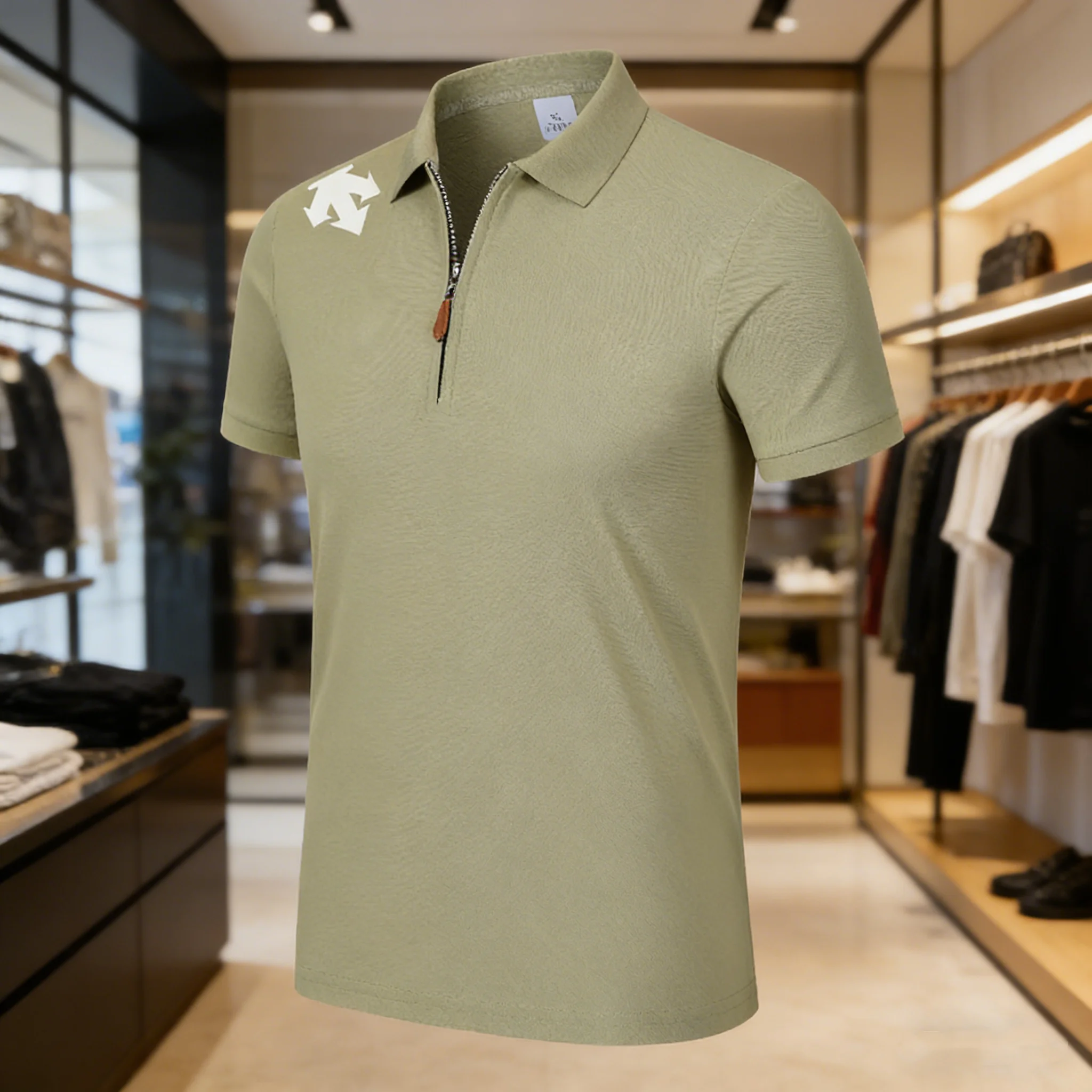 Men's fashionable golf half chain neck polo shirt, black slim fit short sleeved top, versatile for business and leisure