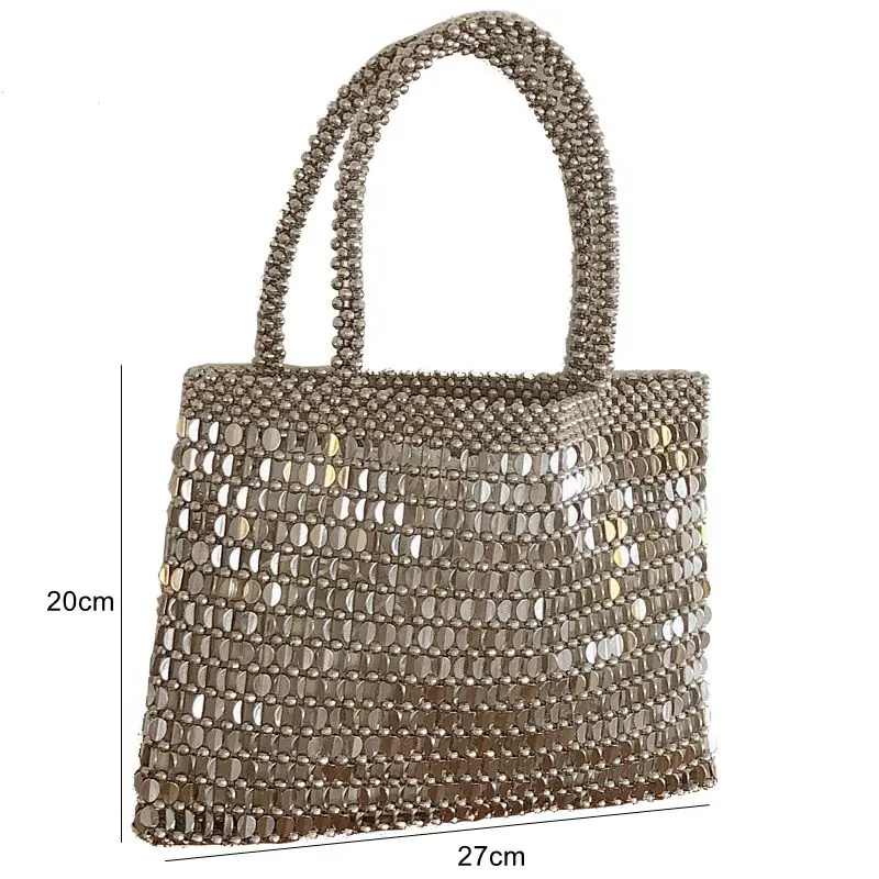 Netto Red Pure Hand Woven Beaded Rhinestone Purse Retro Metal Shiny Evening Clutch Bag Wedding Purse Sequin Pearl Women Handbag