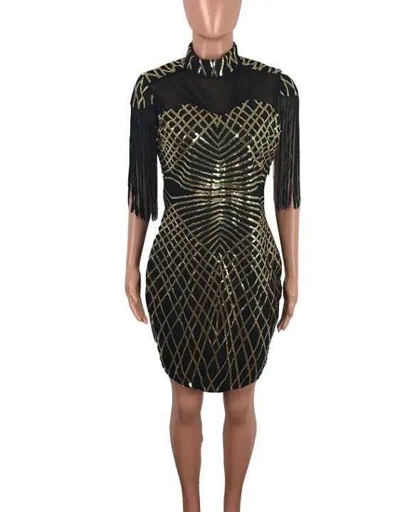 

2026 Elegant New Fashion Casual Round Neck Women's Slim Fit Autumn and Winter Sequined Tassel Sexy Party Evening Dress